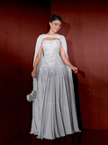 2026 Luxury Beaded Gray Strapless A Line Evening Gown With Detachable Cape Sleeves For Women