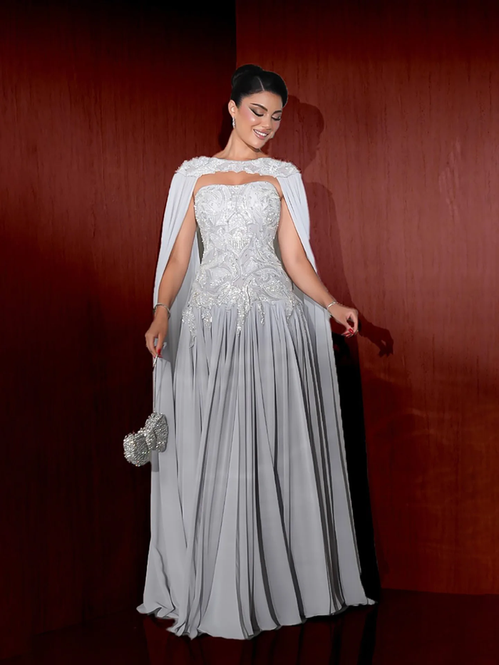 2026 Luxury Beaded Gray Strapless A Line Evening Gown With Detachable Cape Sleeves For Women