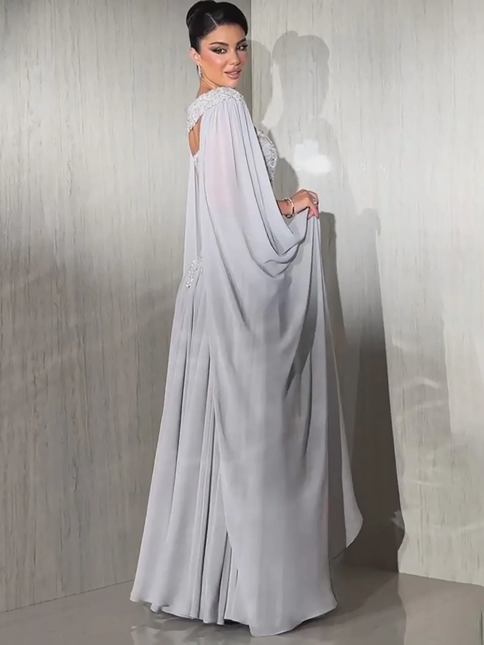 2026 Luxury Beaded Gray Strapless A Line Evening Gown With Detachable Cape Sleeves For Women