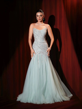 2026 Luxury Sage Green Beaded Mermaid Strapless Lace Up Evening Dress Gowns For Women Party