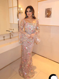2026 Nude Pink Floral Beaded Mermaid Evening Dress With Bell Sleeves For Women Wedding Party