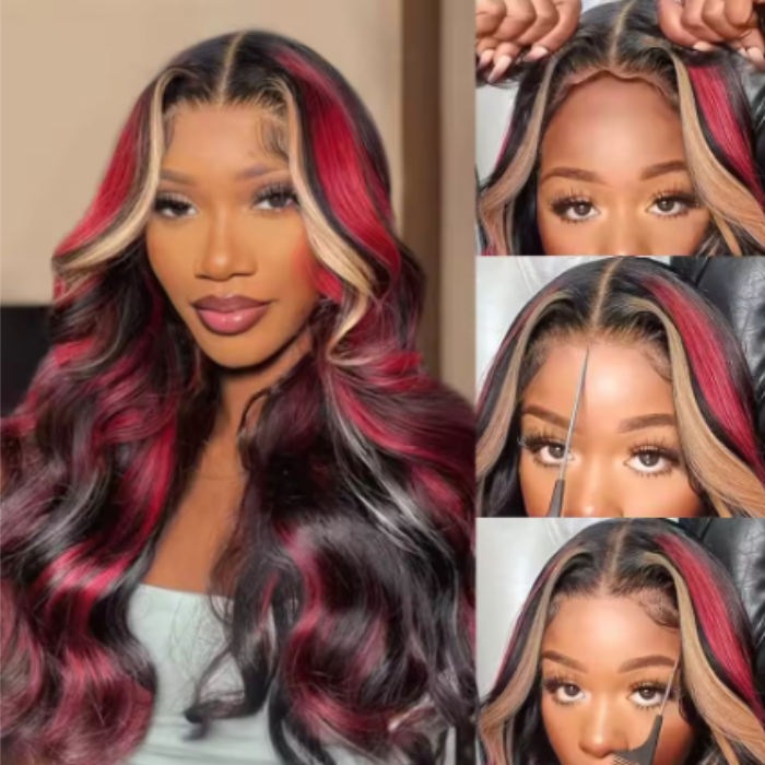 30 inch highlight body wave wig – 1B/27/Red human hair with 5x5 transparent lace closure, glueless, pre-plucked, 200% density