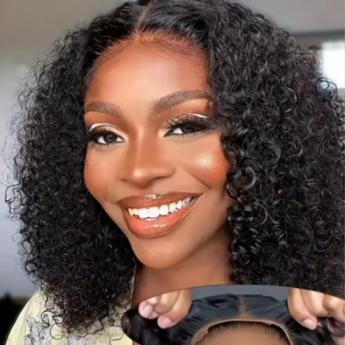 4x4 glueless bob wig – 16 inch water curly human hair with transparent lace, ready-to-wear natural wig for women