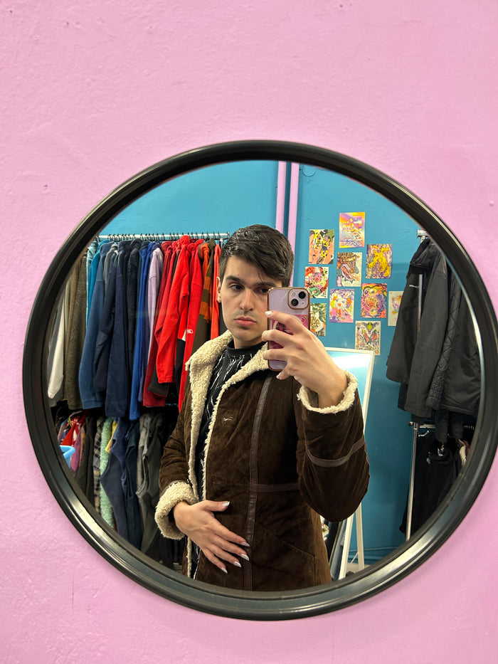 Y2k suede 100% leather dark brown coat with fleece Interior