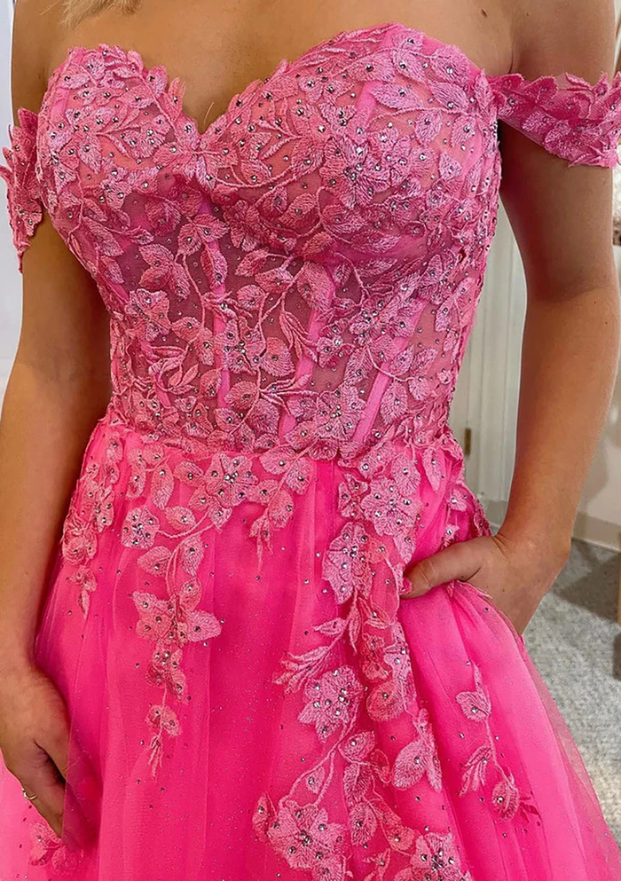A-line Off Shoulder Sleeveless Court Train Lace Tulle Prom Dress, Beading Pockets Split