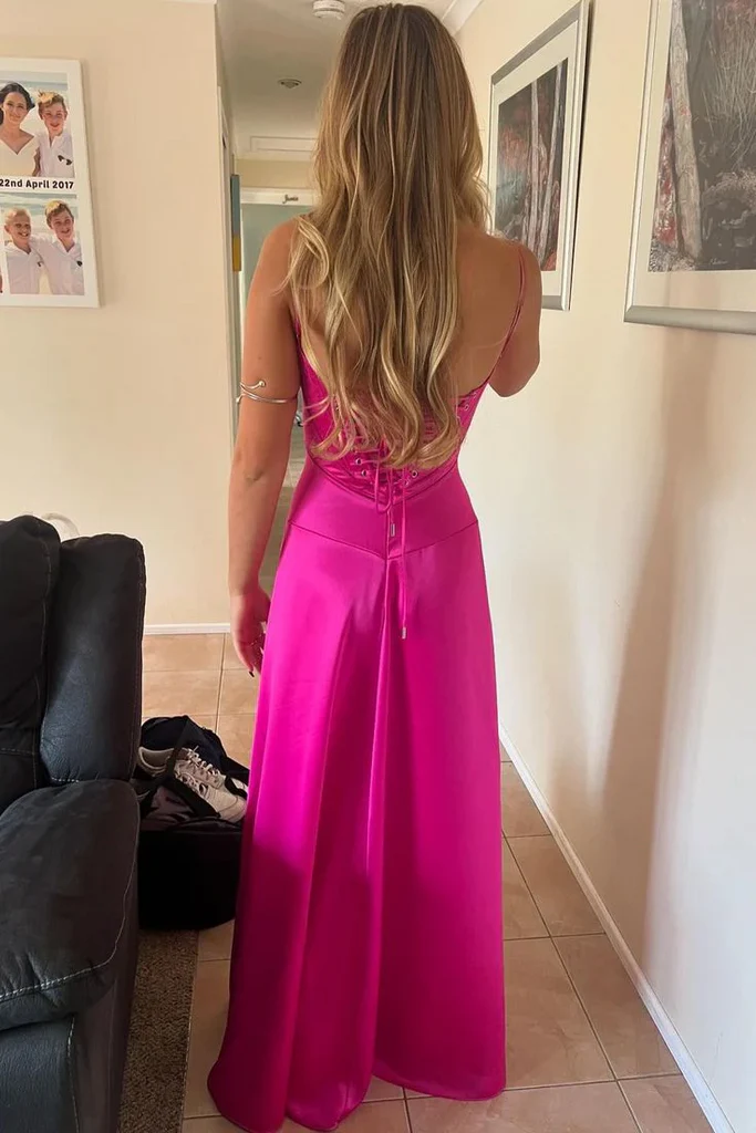 A-Line Square Neck Spaghetti Straps Sleeveless Lilac Satin Floor Length Prom Dress