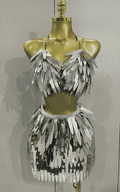 Abigail shiny mirror two piece stage costume set for women. Sexy party outfit for birthdays, nightclub, evening events, and performances.