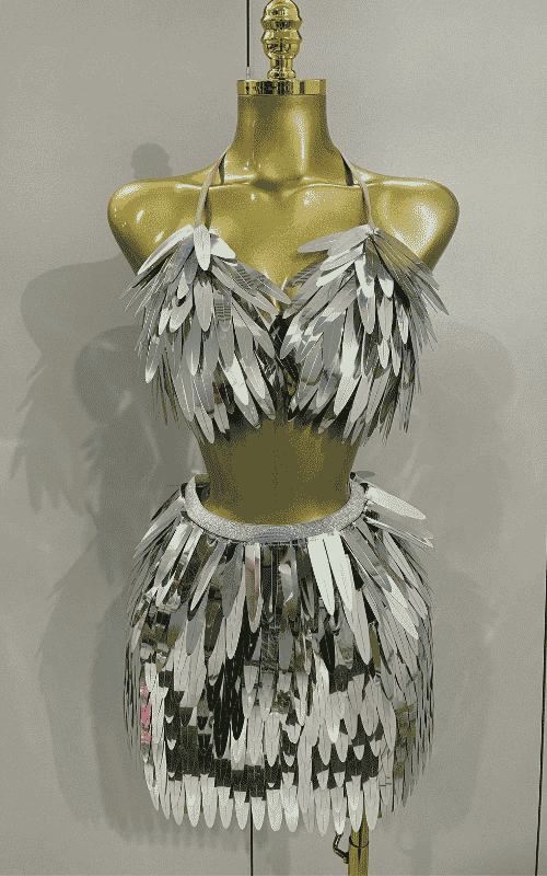 Abigail shiny mirror two piece stage costume set for women. Sexy party outfit for birthdays, nightclub, evening events, and performances.