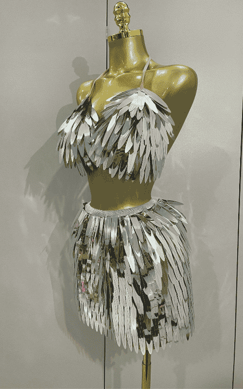 Abigail shiny mirror two piece stage costume set for women. Sexy party outfit for birthdays, nightclub, evening events, and performances.