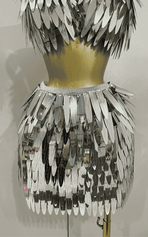 Abigail shiny mirror two piece stage costume set for women. Sexy party outfit for birthdays, nightclub, evening events, and performances.