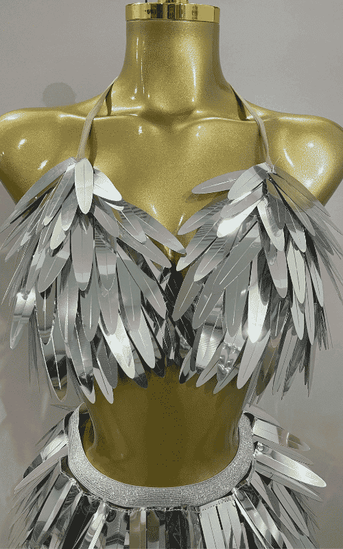 Abigail shiny mirror two piece stage costume set for women. Sexy party outfit for birthdays, nightclub, evening events, and performances.