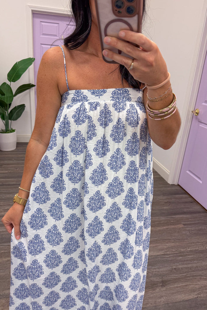 white and blue abstract floral print sleeveless spaghetti strap square neckline maxi dress