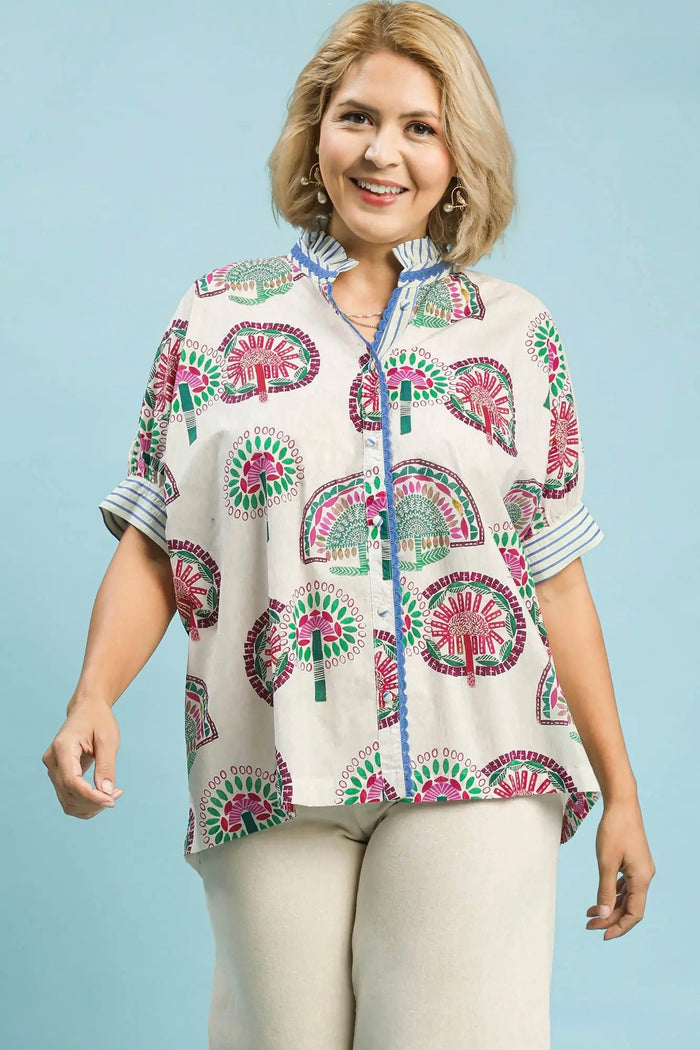 Umgee button front cream top with multicolor abstract print in plus size