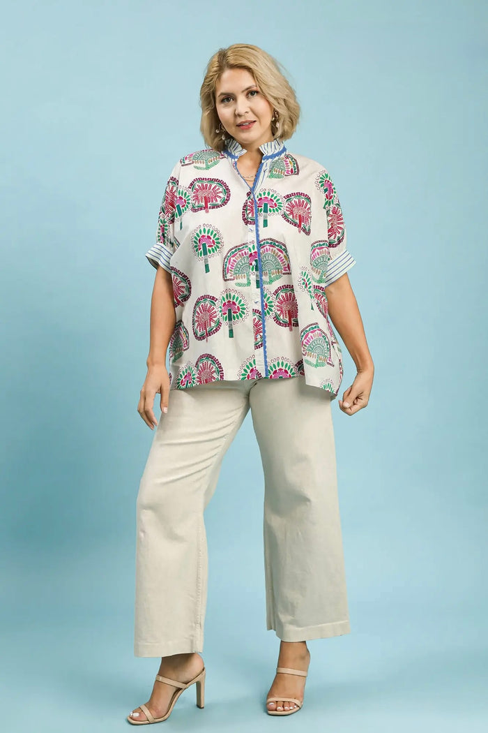 Umgee button front cream top with multicolor abstract print and embroidered trim in plus size
