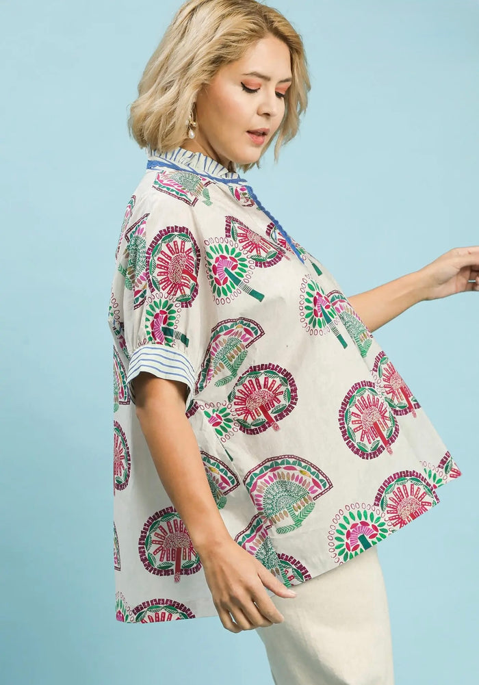 Umgee button front cream top with multicolor abstract print and dolman sleeves in plus size