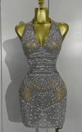 Akisha Sparkly Rhinestone Backless Sheer Mesh Bodycon Mini Dress