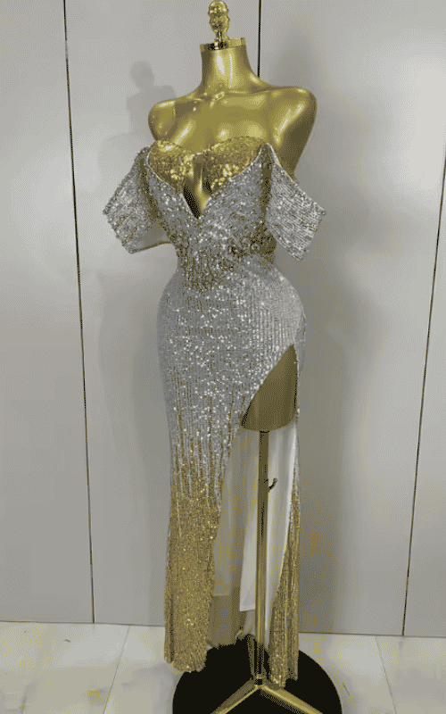Alyn Shiny Diamond Sequin Off Shoulder Bodycon Long Dress