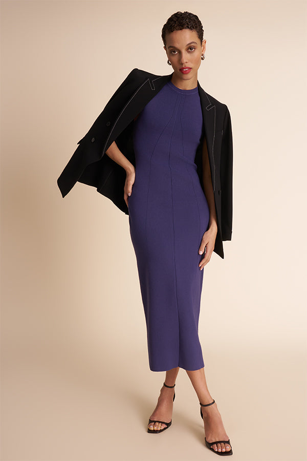 Woman wearing a purple dress with a black jacket on a beige background | Exclude