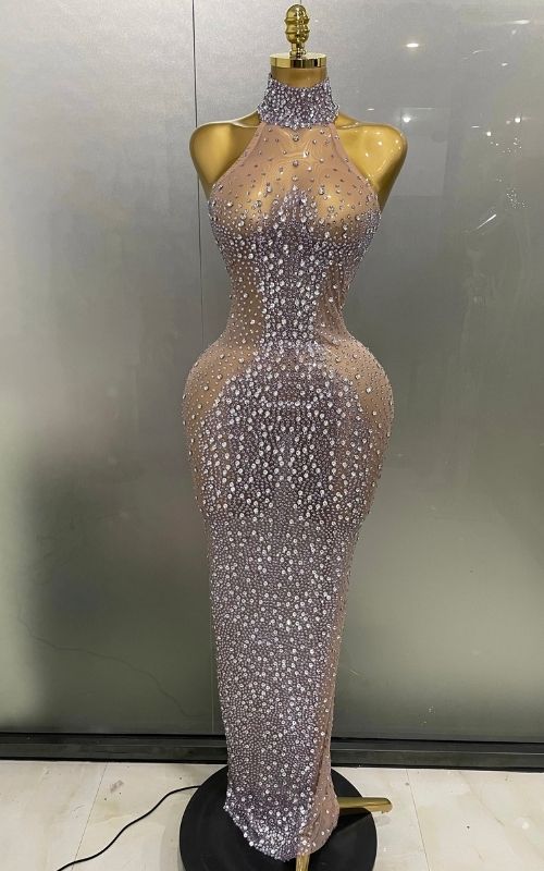 Amanda Sparkly Silver Rhinestone Sheer Mesh Long Evening Dress