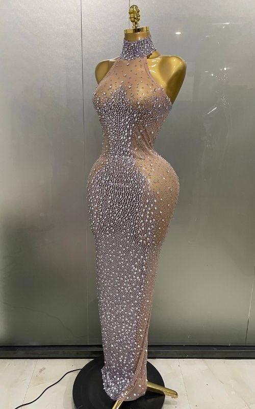 Amanda Sparkly Silver Rhinestone Sheer Mesh Long Evening Dress