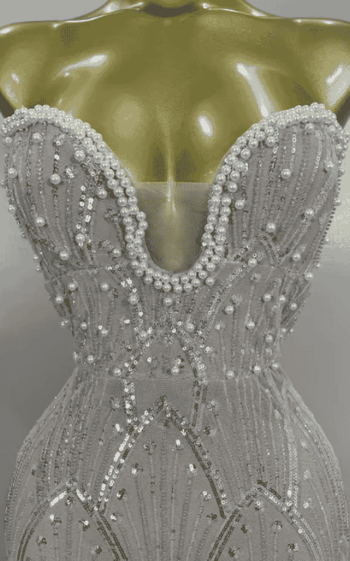 Amber Luxury Beaded Sequin Pearl Strapless Mesh Long Dress