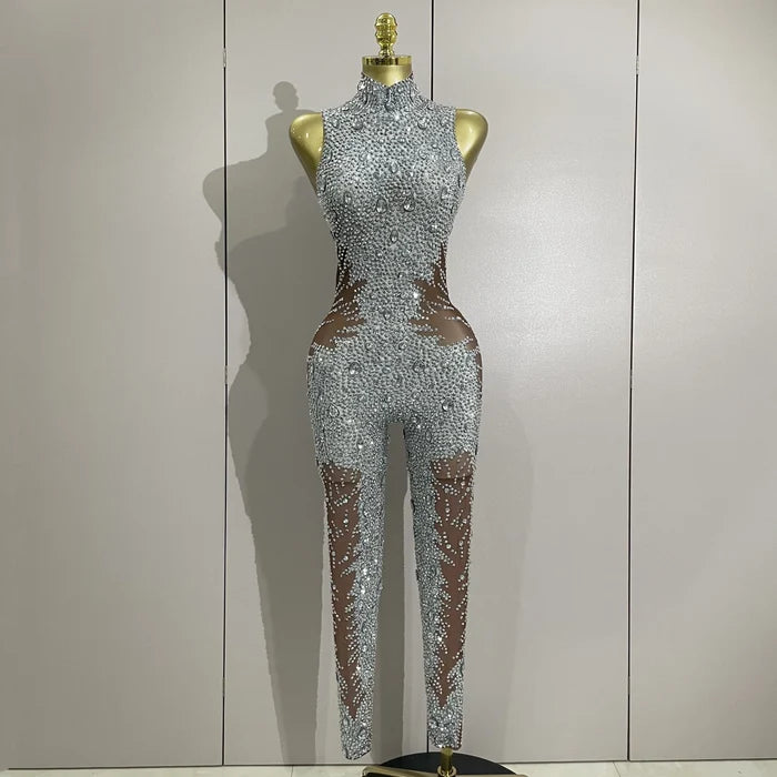 Luxury sleeveless rhinestone bodycon jumpsuit with sparkling crystals for stage or night-out wear.