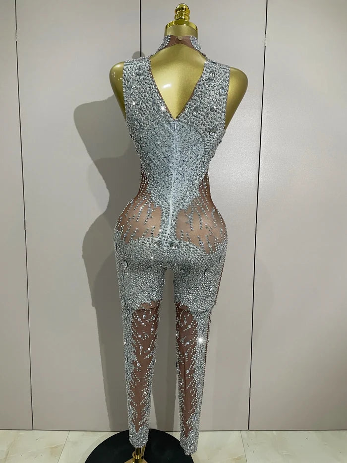 Luxury sleeveless rhinestone bodycon jumpsuit with sparkling crystals for stage or night-out wear.