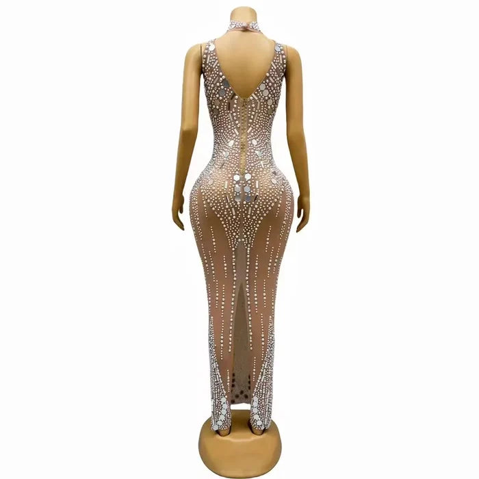 Amina silver mirror rhinestone pearl prom dress elegant evening gown.