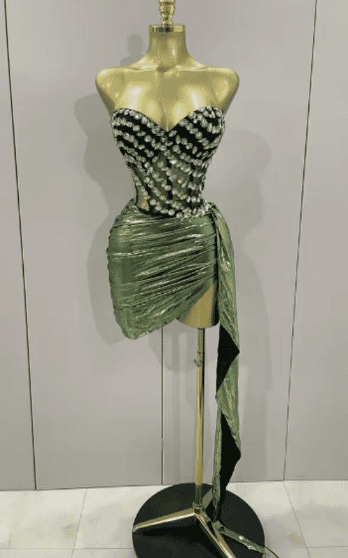 Amiyah sparkly diamond strapless two piece set for women. Sexy backless outfit for nightclub, stage performance, and party events.