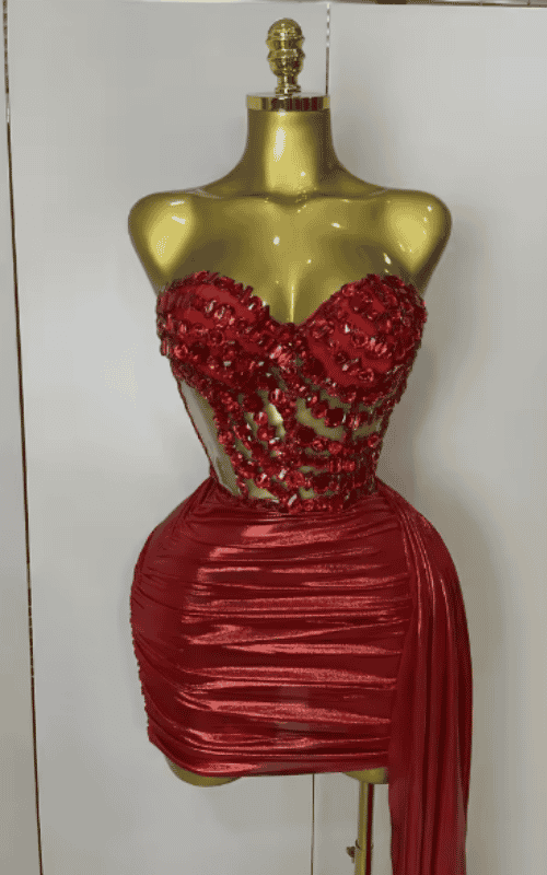 Amiyah sparkly diamond strapless two piece set for women. Sexy backless outfit for nightclub, stage performance, and party events.