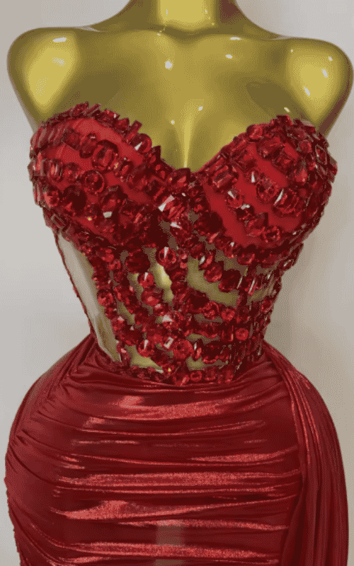 Amiyah sparkly diamond strapless two piece set for women. Sexy backless outfit for nightclub, stage performance, and party events.