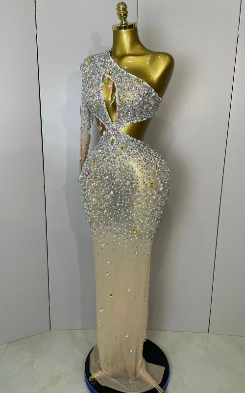 Anita One Shoulder Hollow Out Crystal Bodycon Long Evening Dress