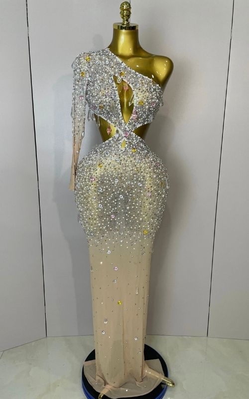 Anita One Shoulder Hollow Out Crystal Bodycon Long Evening Dress