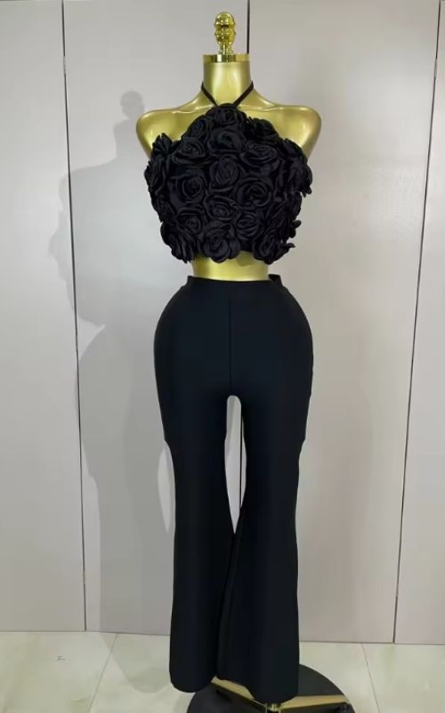 Annie Halter 3D Floral Backless Bodycon Bandage Two Piece Set