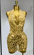 Arielle gold backless mini dress with deep V neck design. Sexy elegant outfit for prom, birthdays, nightclub, and photoshoot events.
