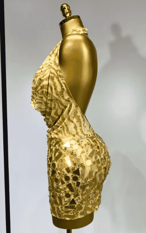 Arielle gold backless mini dress with deep V neck design. Sexy elegant outfit for prom, birthdays, nightclub, and photoshoot events.