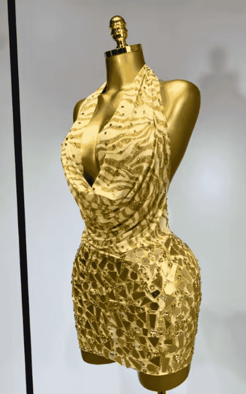 Arielle gold backless mini dress with deep V neck design. Sexy elegant outfit for prom, birthdays, nightclub, and photoshoot events.