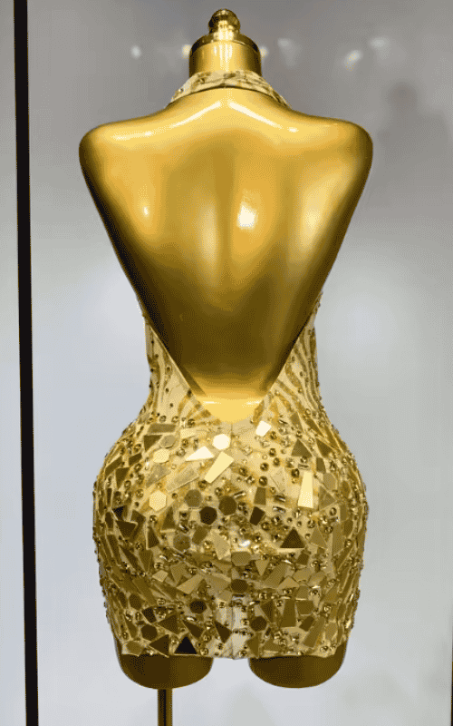Arielle gold backless mini dress with deep V neck design. Sexy elegant outfit for prom, birthdays, nightclub, and photoshoot events.