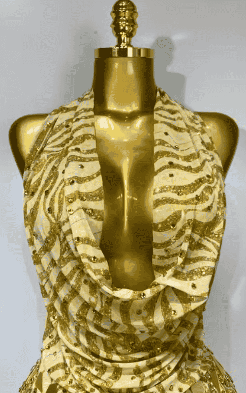 Arielle gold backless mini dress with deep V neck design. Sexy elegant outfit for prom, birthdays, nightclub, and photoshoot events.