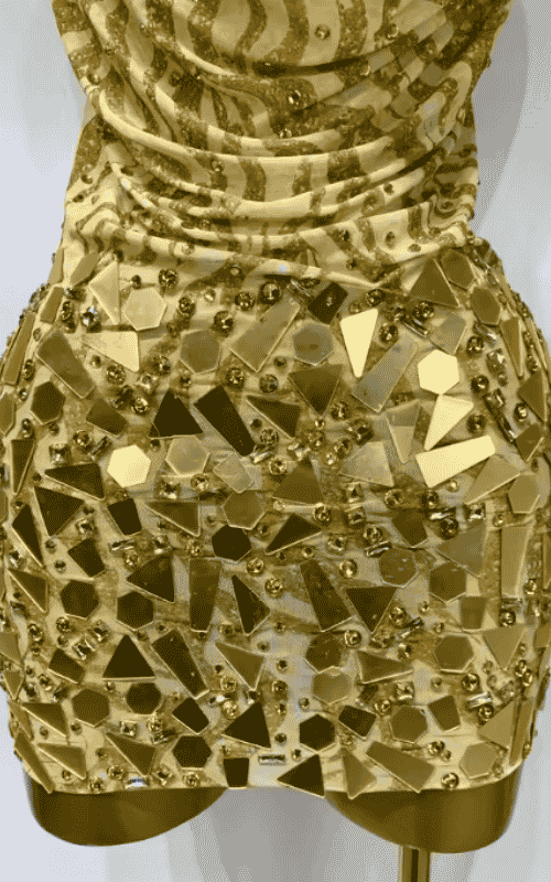 Arielle gold backless mini dress with deep V neck design. Sexy elegant outfit for prom, birthdays, nightclub, and photoshoot events.