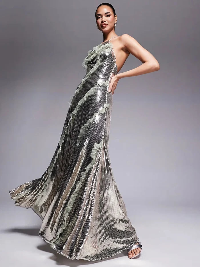 Zaria silver sequin strappy backless gown with ruffle mesh details – elegant party dress.