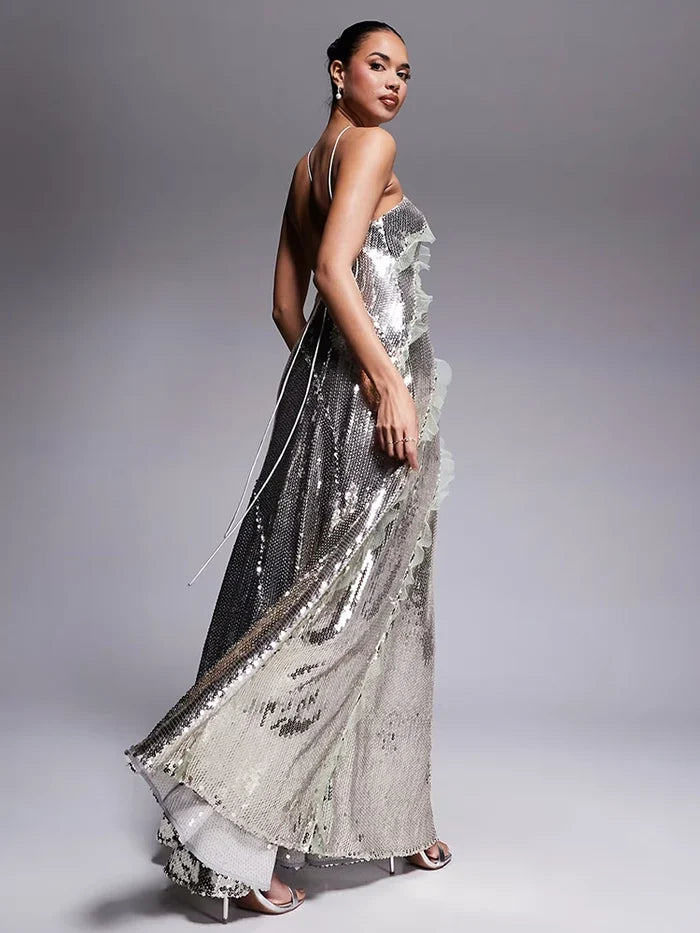 Zaria silver sequin strappy backless gown with ruffle mesh details – elegant party dress.