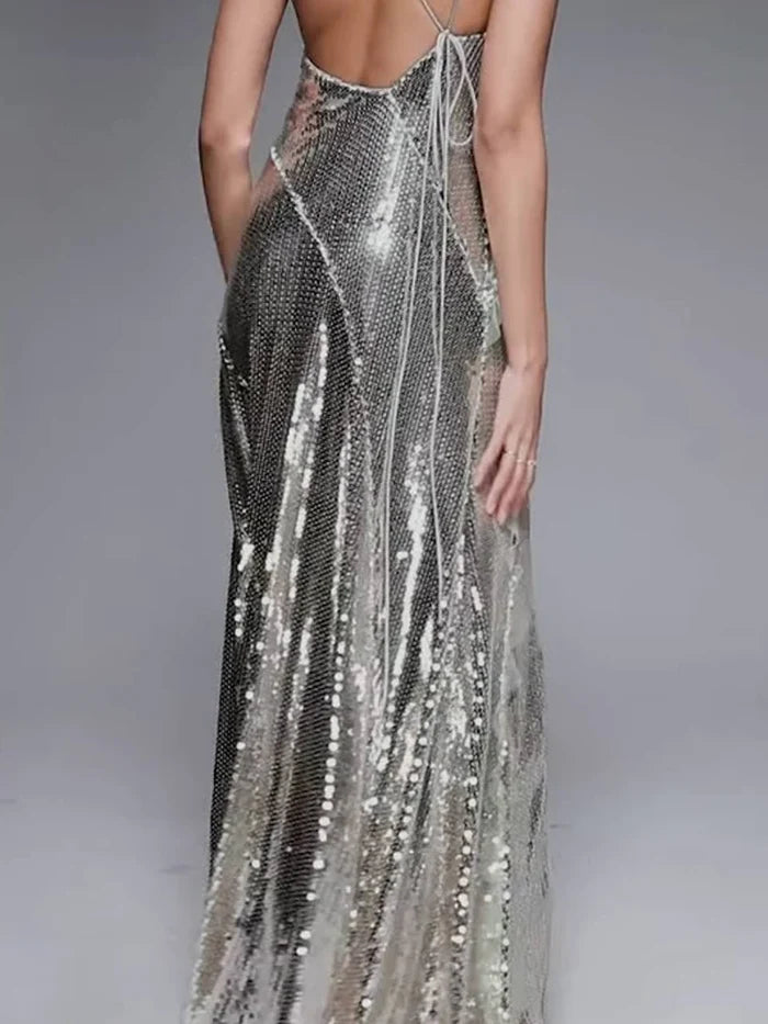 Zaria silver sequin strappy backless gown with ruffle mesh details – elegant party dress.