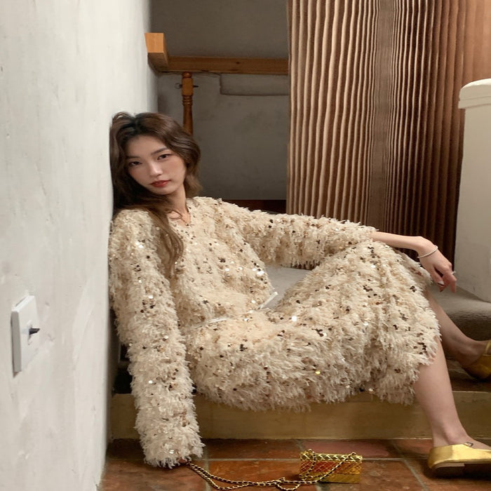 Beige sequin dress / XS