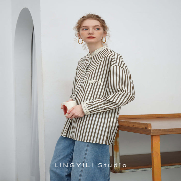 LINGYLI Spring Series Cotton Striped Small Stand Collar workwear Wind Japanese Shirt image 0