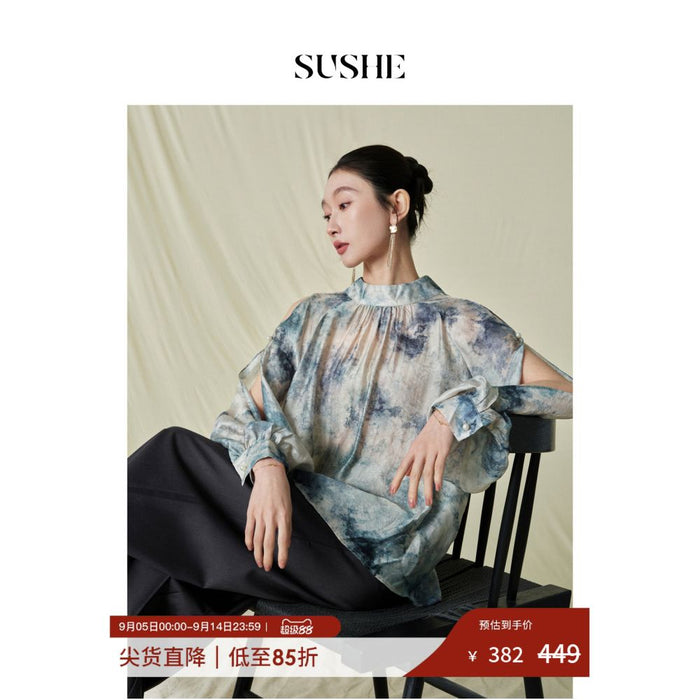 Shuxi SUSHE Xi Ying Tie Bow Tie Dyeing Design Artistic Commuter Shirt Women s Autumn Shirt image 0
