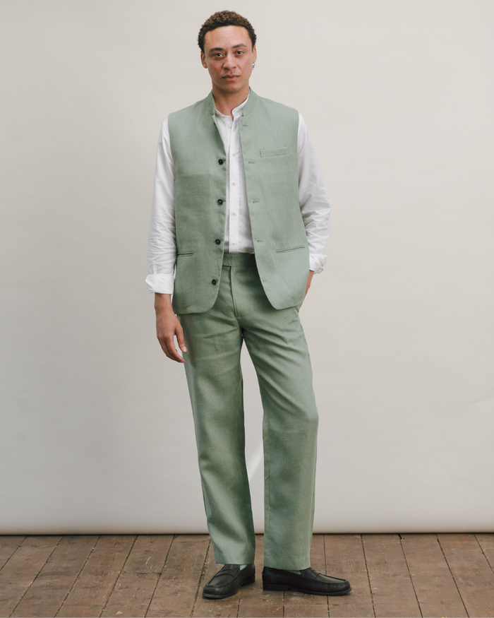 Ash Green Linen Nehru Waistcoat