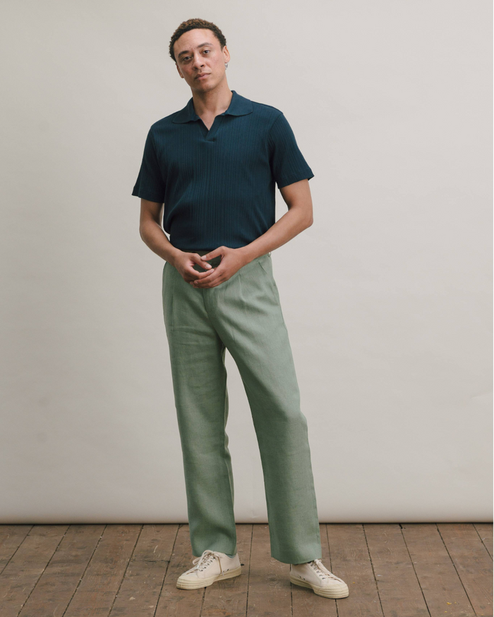 Ash Green Linen Pleated Trousers