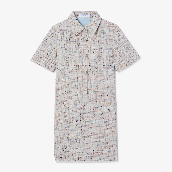 Short-sleeve shirt dress with a subtle pattern on a white background