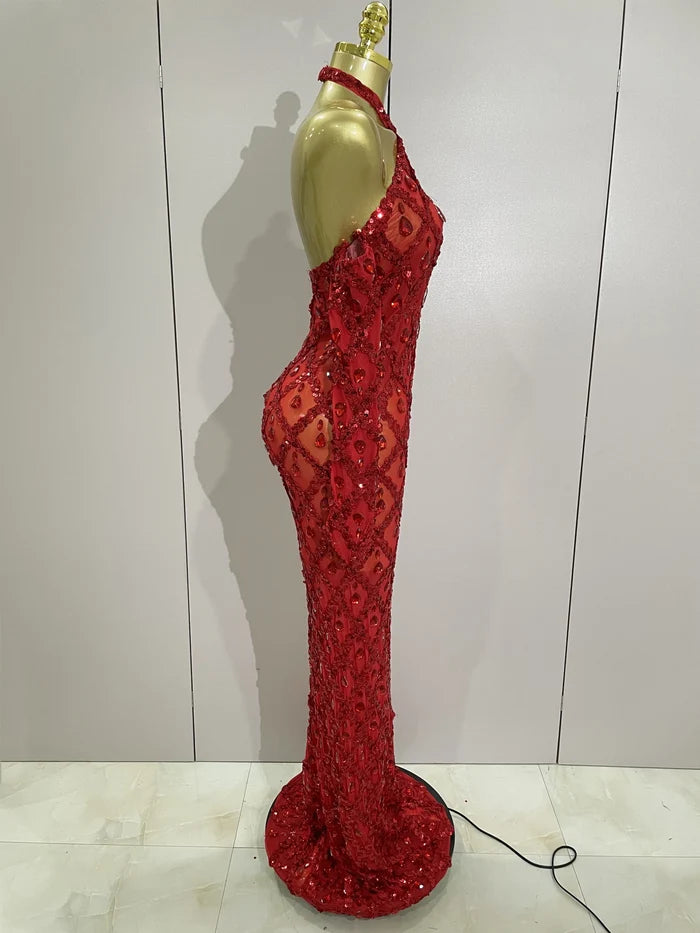 Avery sparkly rhinestones halter mesh long prom dress with gloves for women.